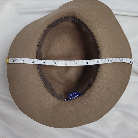 HAT‎ ATTACK fedora tan wool hat with brown leather strap detail